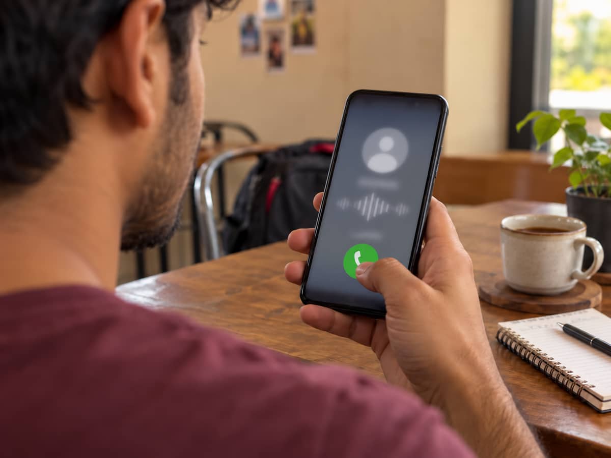 A hand tapping Call on an audio-only contact screen.