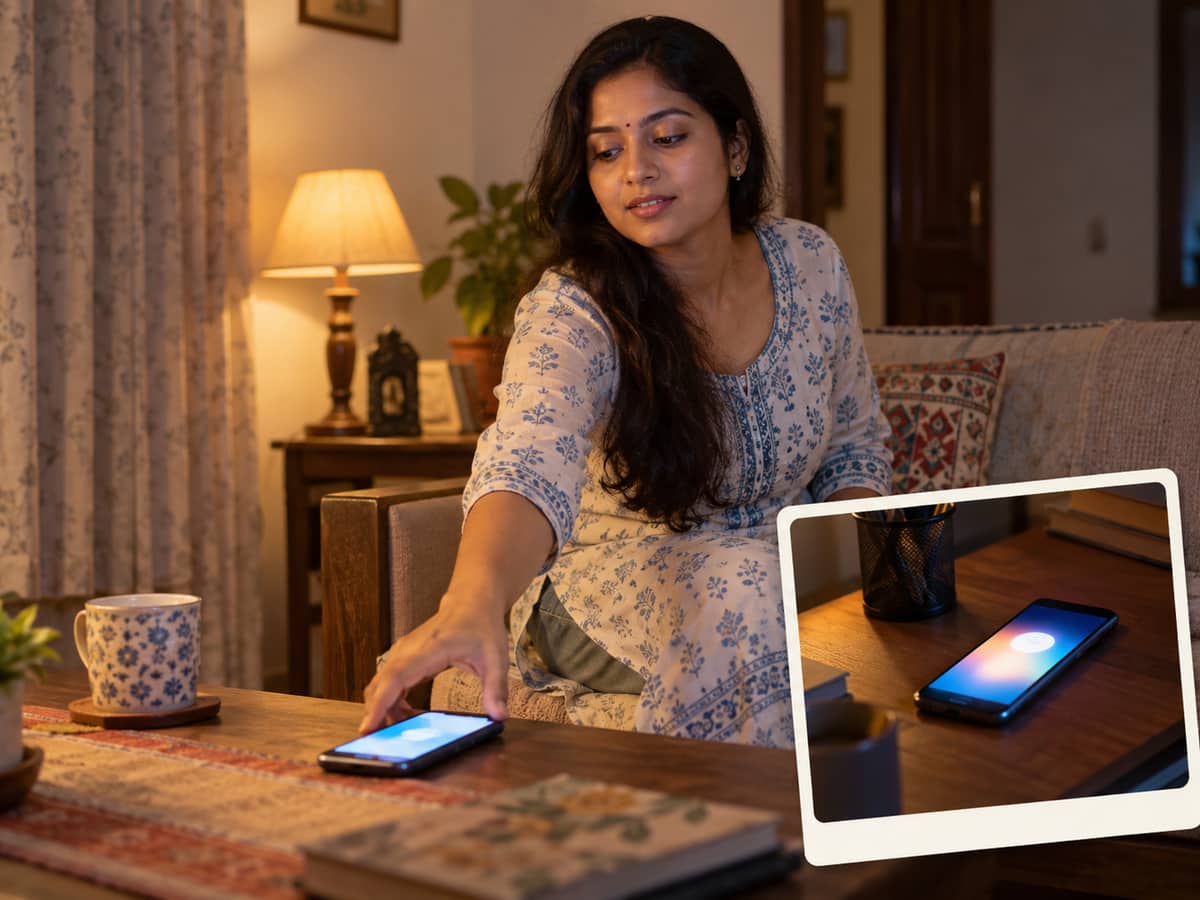 A woman reaching for her ringing phone, with an inset of a second phone lighting up on a desk.