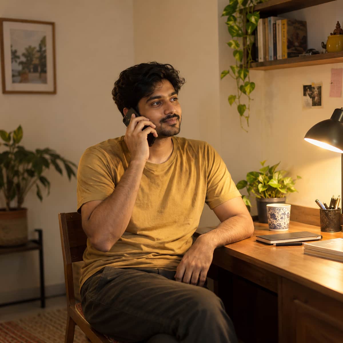 Man talking calmly on the phone